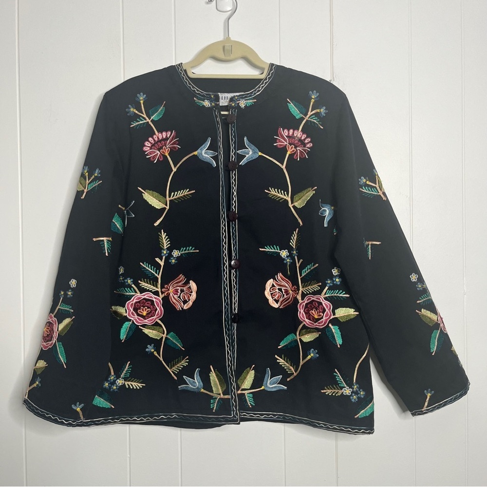 Vintage 90s Bedford Fair Embroidered Black Floral Jacket Folk Women's L